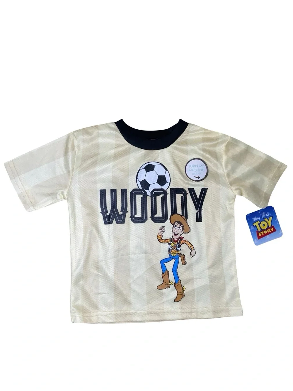 NWT Disney Pixar Toy Story Woody Soccer Jersey Shirt Boys Size 2T Yellow Black
